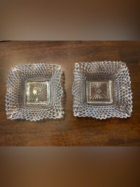 Vintage Set of 2 Indiana Glass Diamond Point Ruffle Edge Square Nut Candy Dish
